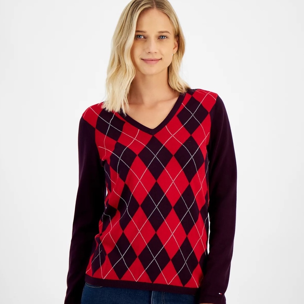 Tommy Hilfiger Women's Cotton Argyle V-Neck Sweater Size XL